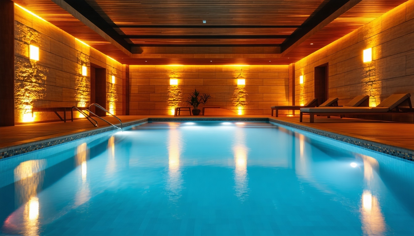 A serene indoor pool surrounded by warm ambient li